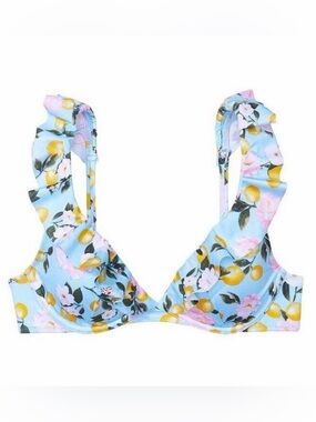 Victoria's Secret Light Blue Floral & Lemon Ruffle Bikini Top - 38DDD